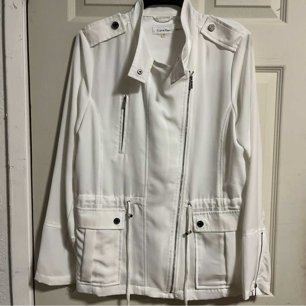 Calvin Klein Windbreaker Jacket Womens Size Medium White Full-Zip Sweater